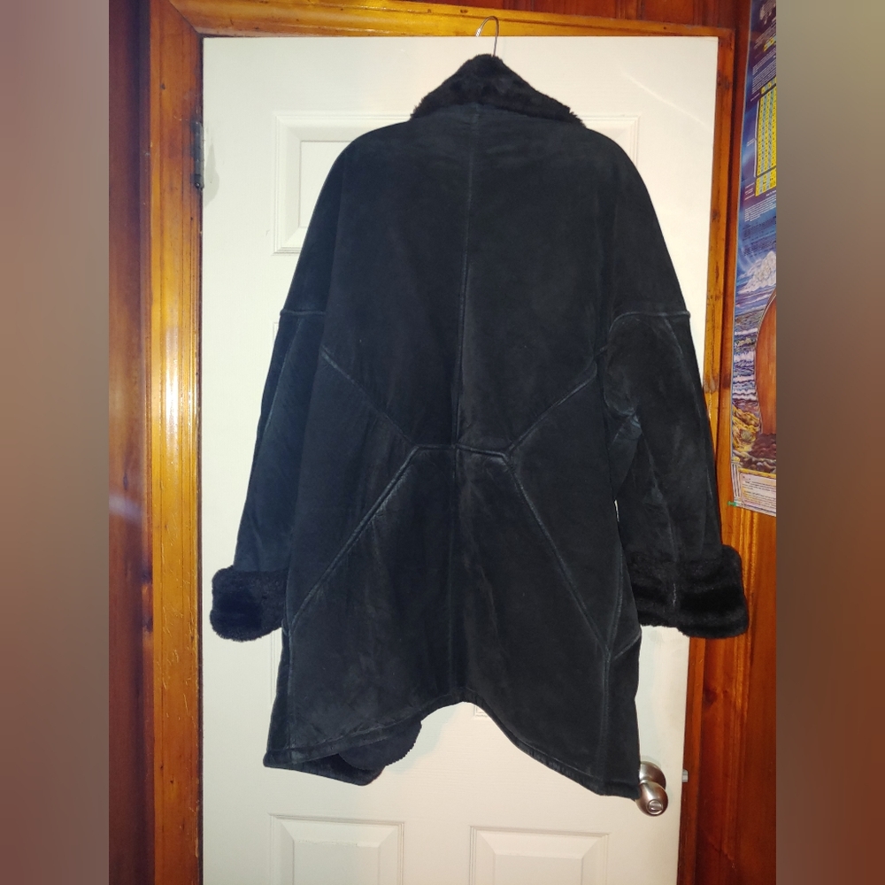 ✨Vintage Luxe ✨ Spiegel Faux Fur 90s Oversized Suede Leather Coat Black M - Picture 2 of 6